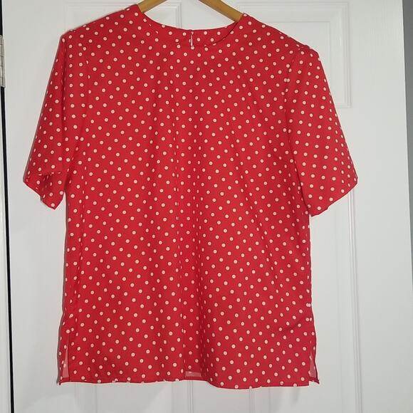 Vintage 80s Red Short Sleeve Polka Dot Blouse - Picture 1 of 6